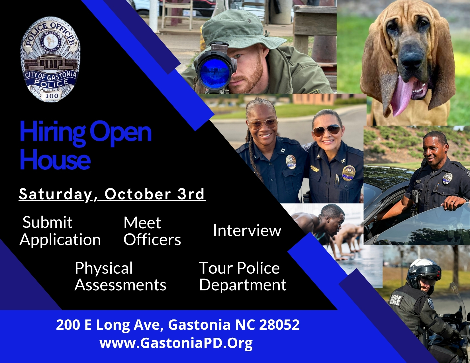 Hiring process timeline for gastonia police department, apply online, physical assessment, community college test, board interview, structured polygraph, psychological exam, background check, conditional review, human resource review, chief's interview