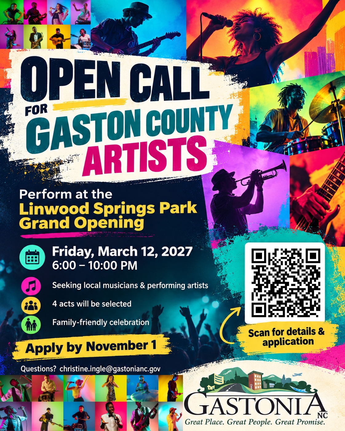 Open Call for Gaston County Artists flyer: Perform at the Linwood Springs Park Grand Opening, Friday, March 12, 2027, 6 to 10 p.m. Seeking local musicians and performing artists. Four acts will be selected. Family-friendly celebration. Apply by November 1. Questions? christine.ingle@gastonianc.gov. (opens full-size image)