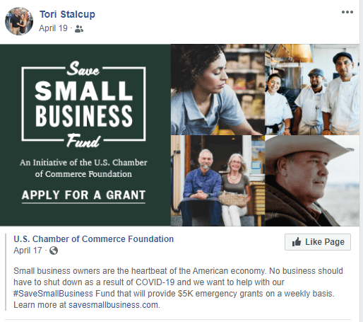 Small Business grants FB post