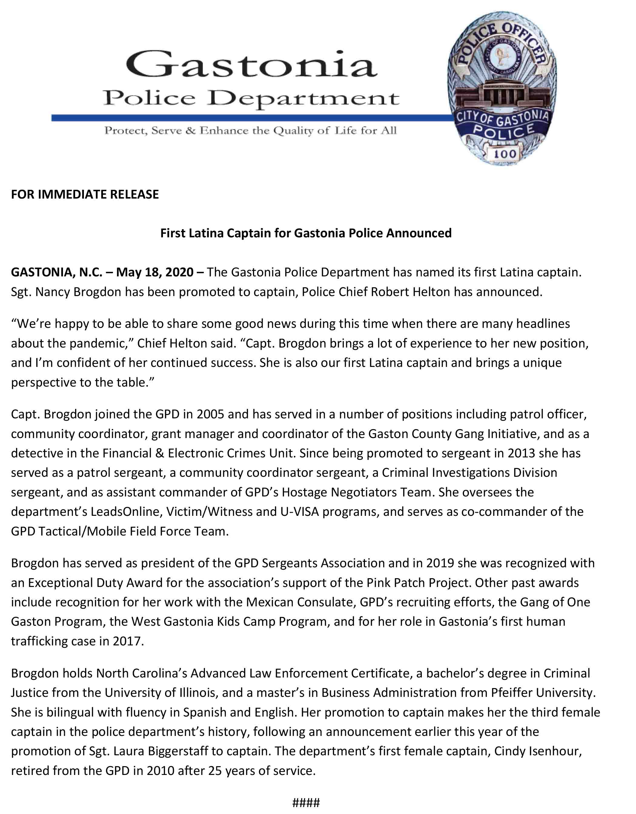 NR 2020 05 18 First Latina Captain for Gastonia Police Announced 1