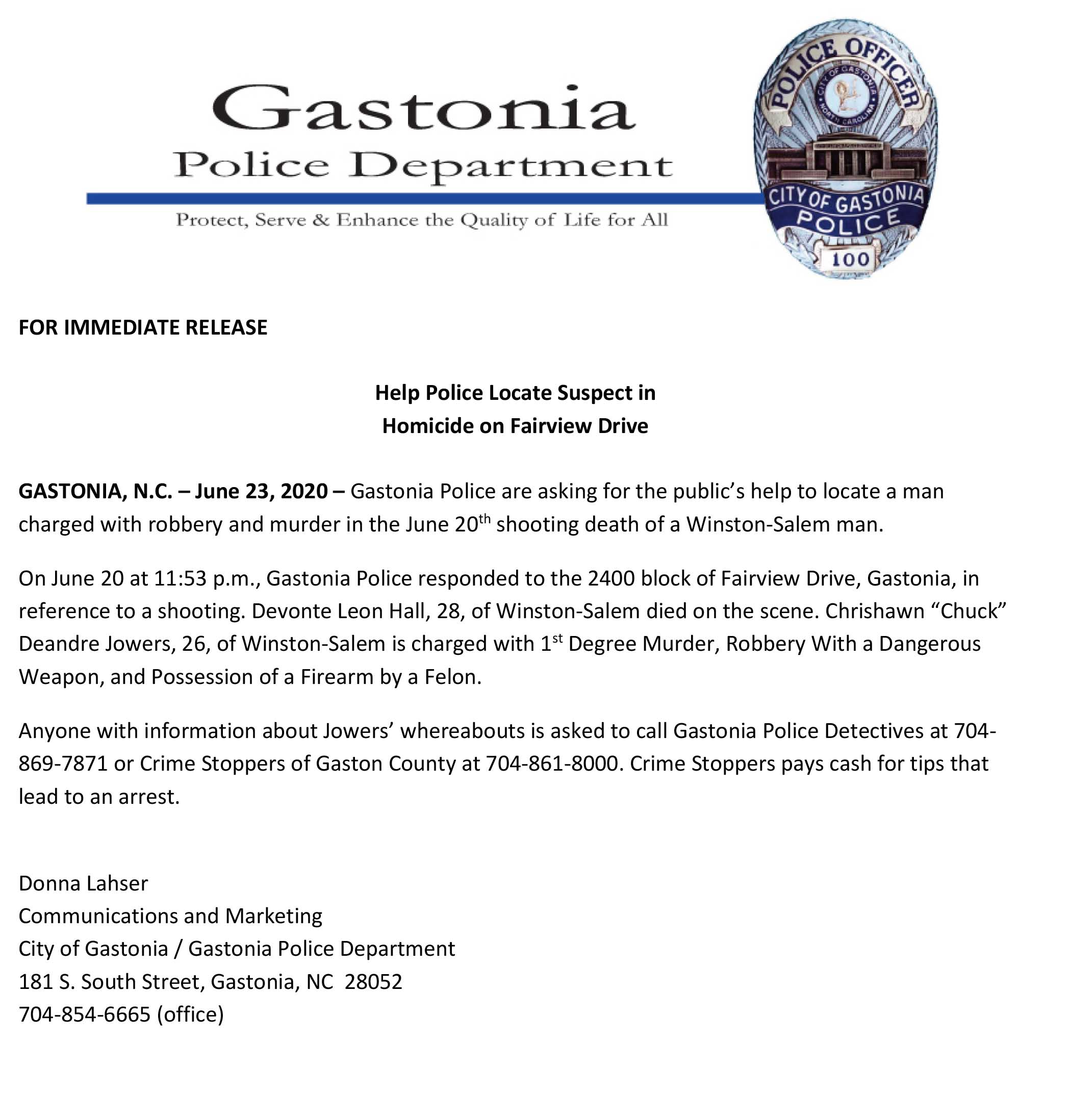 NR 2020 06 23 Help Police Locate Suspect in Homicide on Fairview Drive