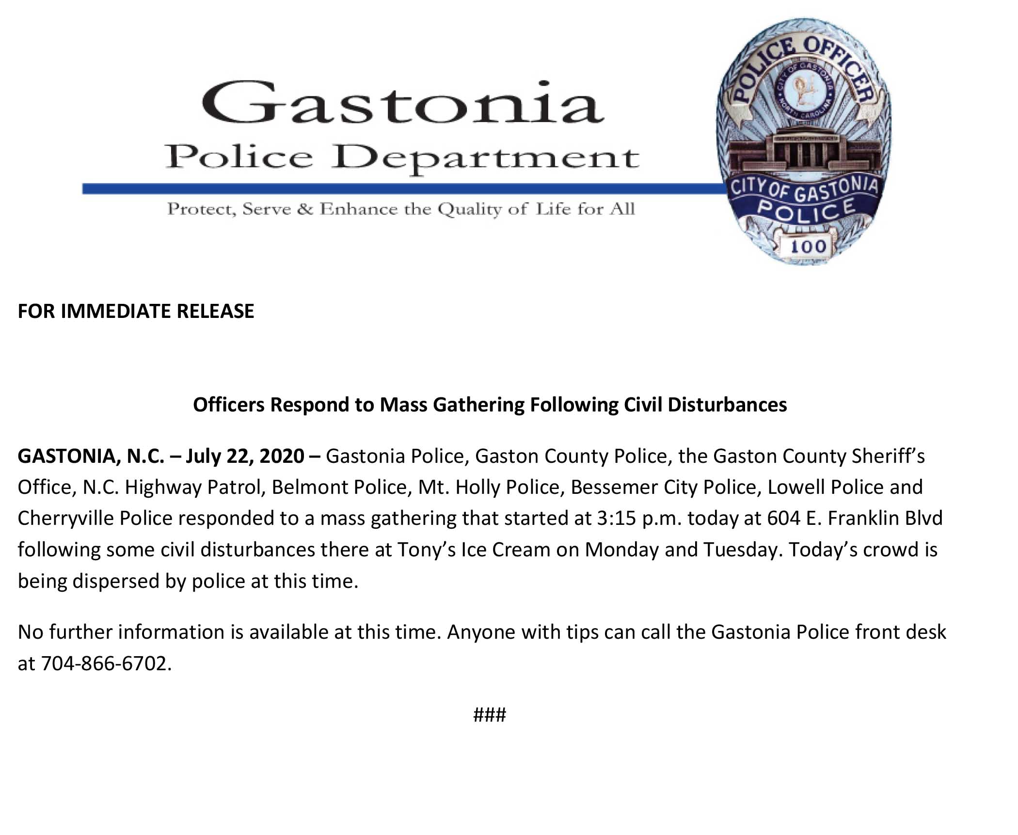 NR 2020 07 22 Officers Respond to Mass Gathering Following Civil Disturbances