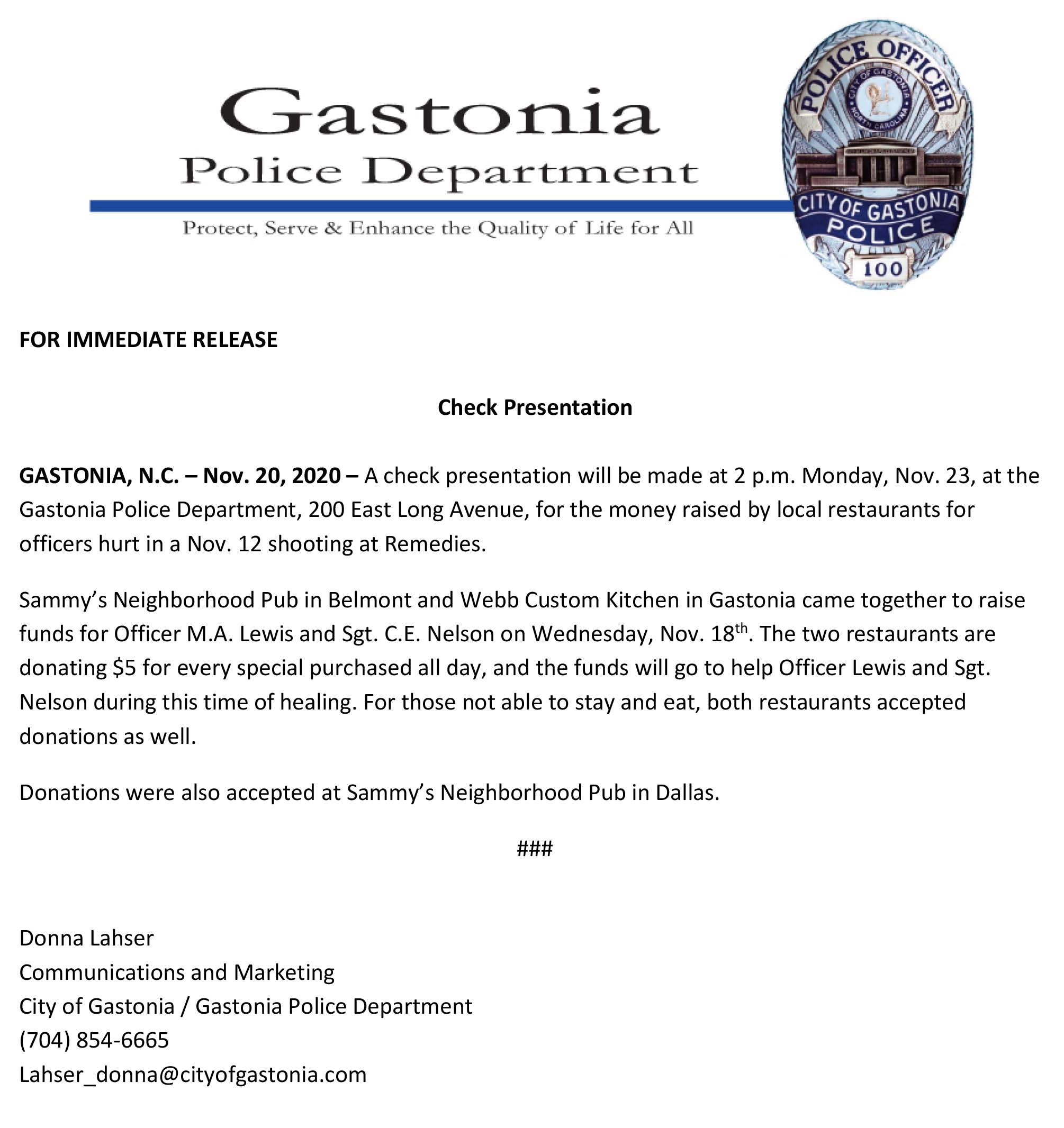 Check presentation to help hurt officers