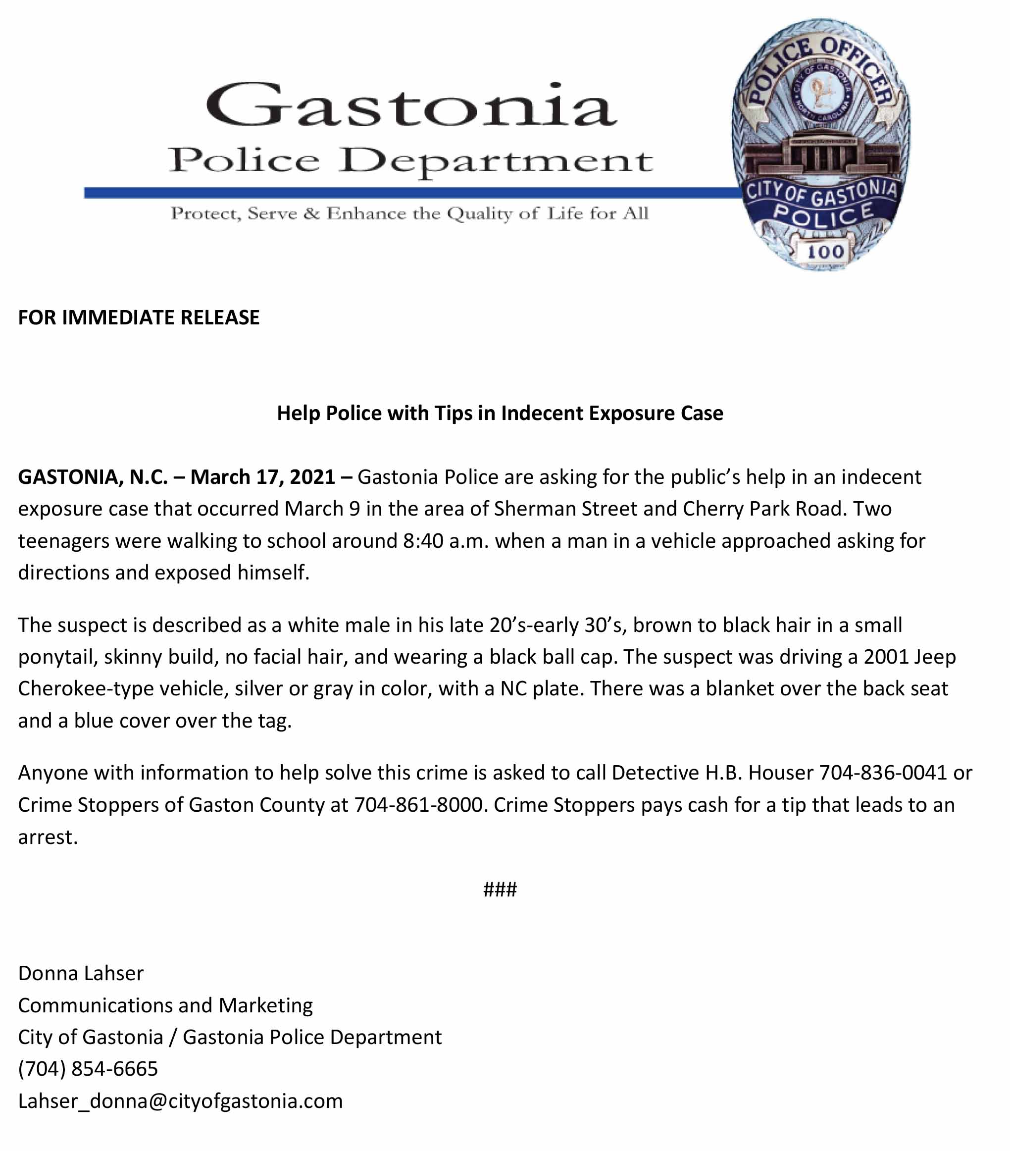 Help Police with Tips in Indecent Exposure Case