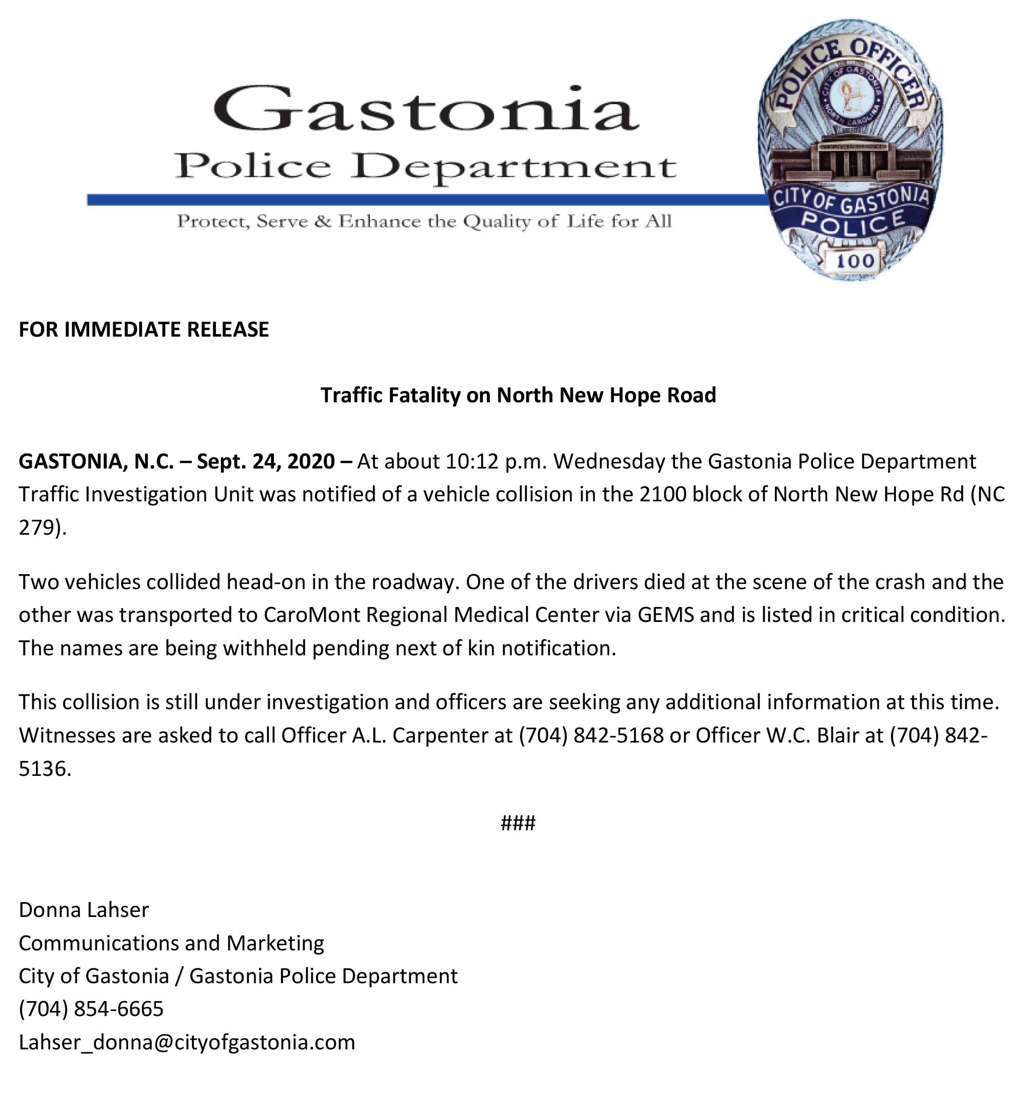 NR 2020 09 24 Traffic Fatality on North New Hope Road