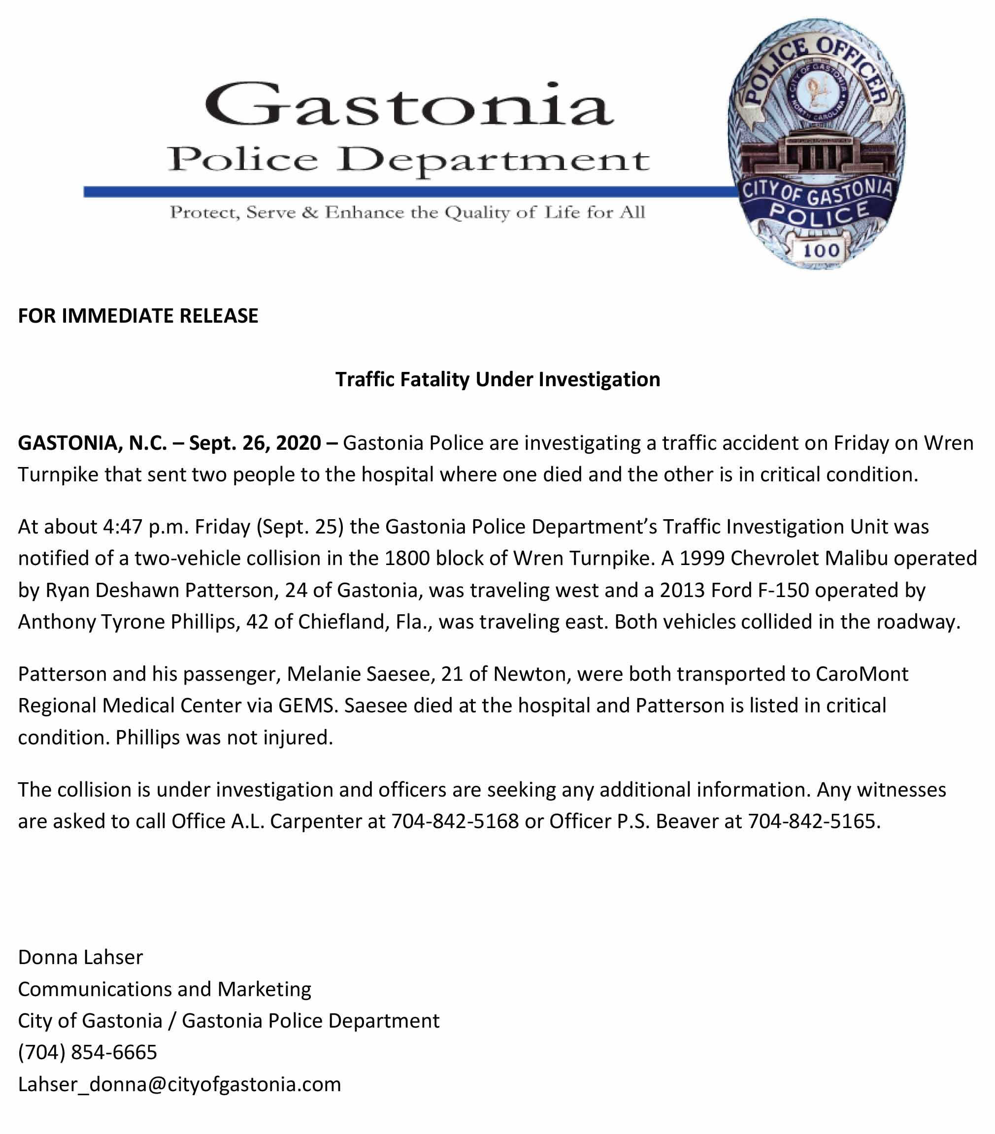 NR 2020 09 26 Traffic Fatality Under Investigation
