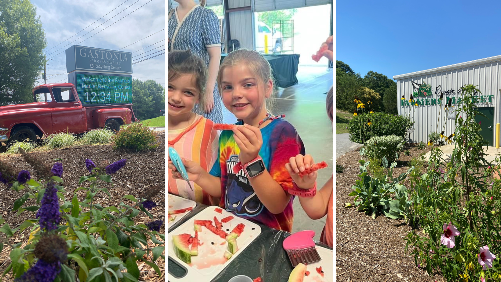 frame with 3 pictures of farmers market, truck, kids, and entrance of the market