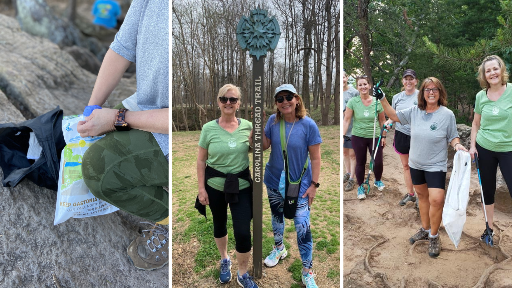 frame with 3 pictures of picking up litter while hiking