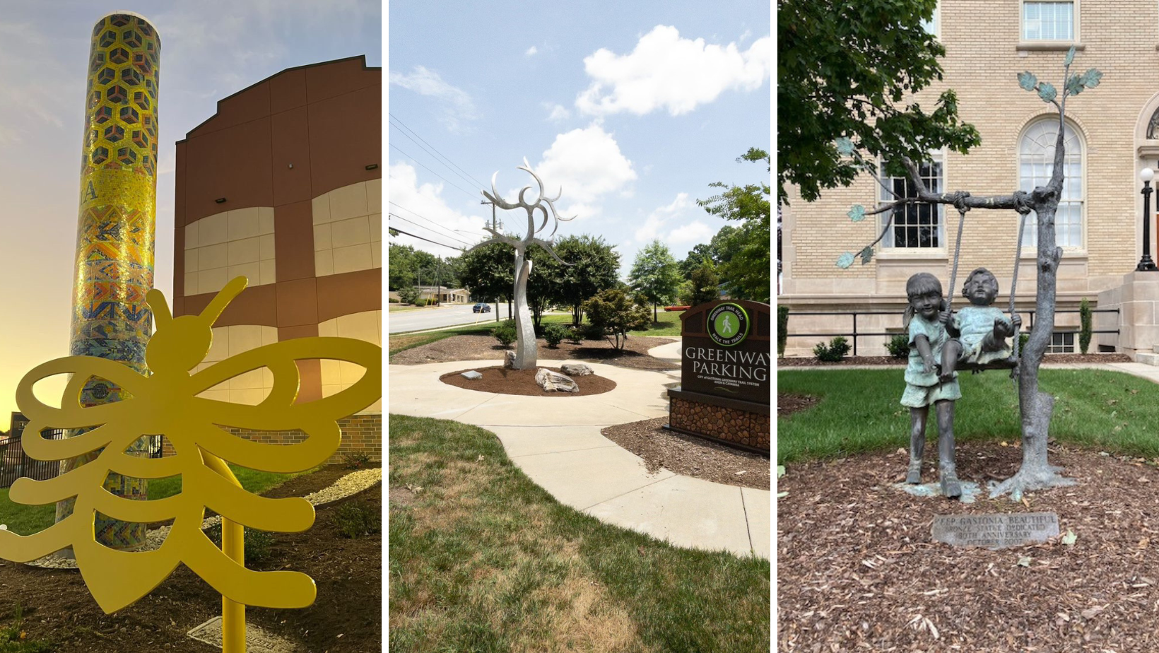 frame with 3 pictures of public art: mosaic piece, tree, and kids on swing