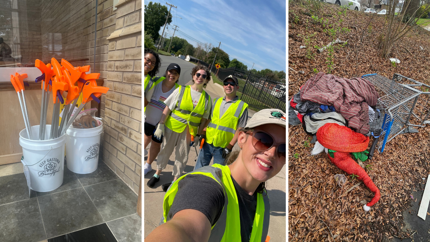 3 images of people cleaning up litter