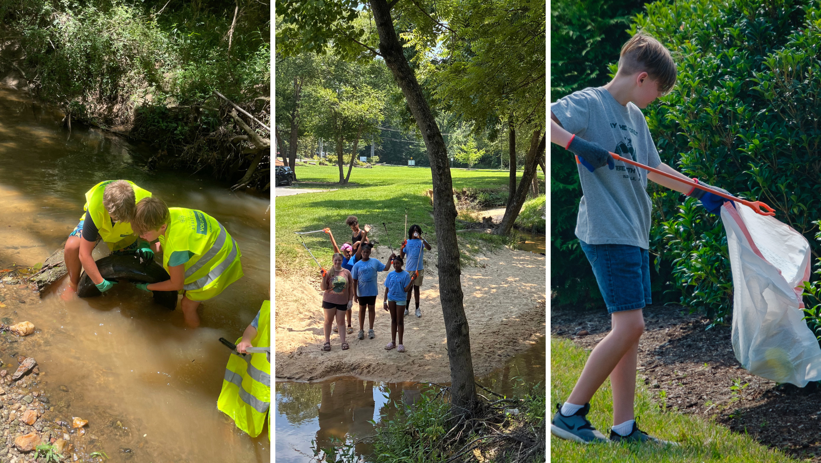 frame with 3 pictures of people cleaning in creeks