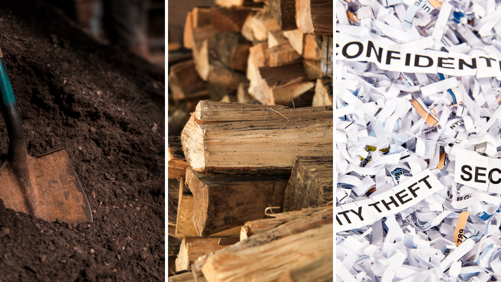 frame with 3 pictures of black gold, firewood, and shredded paper