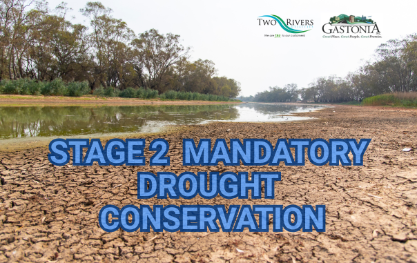 image of drying water source stating Stage 2 Mandatory Drought Conservation 